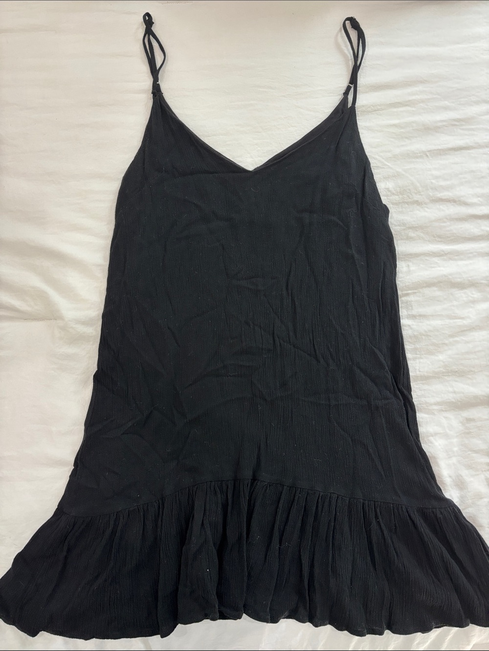 Lulu's Black Spaghetti-Strap Ruffle-Hem Mini Dress